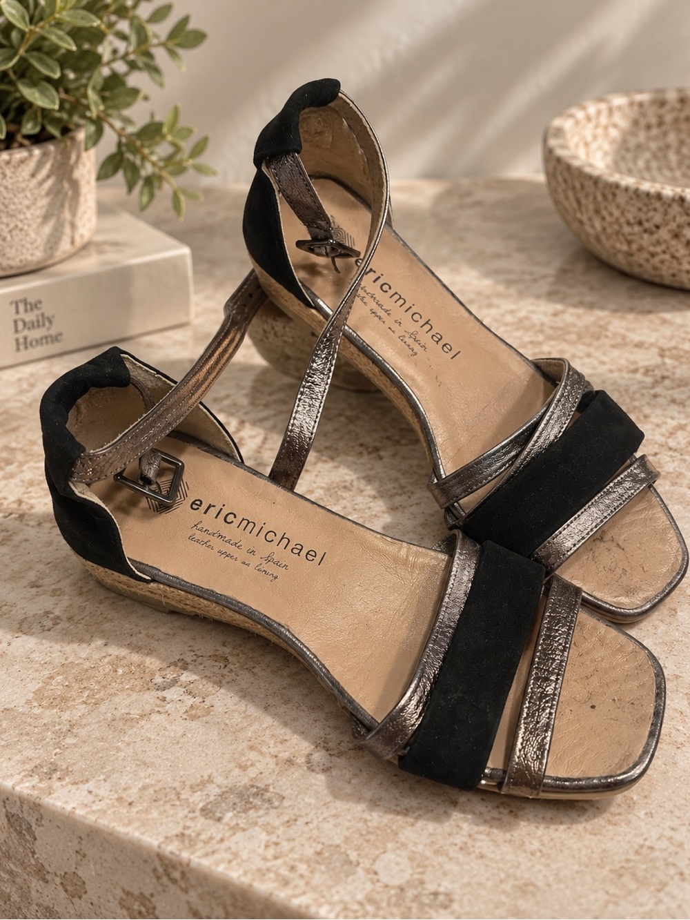 Eric Michael Black and Metallic Strappy Low-Heel Sandals